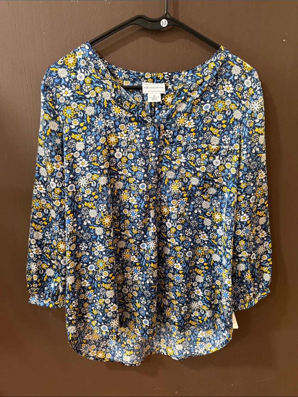 Liz Claiborne Navy Blue Floral Button-Front Blouse